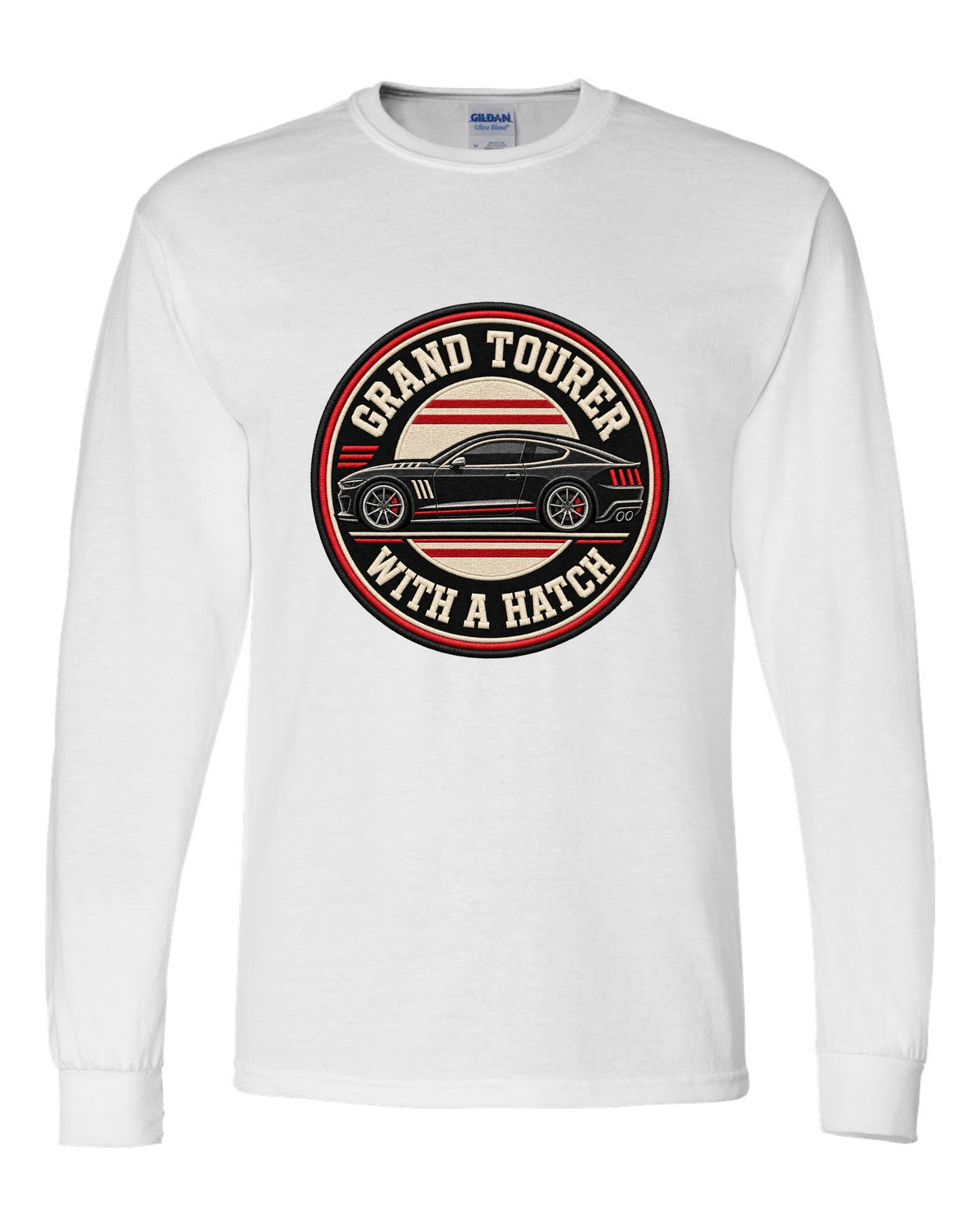 Embroidery varsity crest print for a Kia Stinger GT CK with grand tourer with a ch text white long sleeve front view with the design