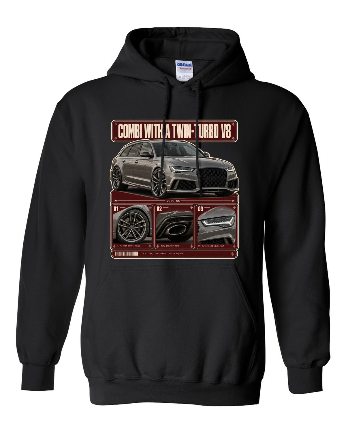 Audi RS6 Avant C7 warm grey dossier panels print black pull over hoodie front view with the design