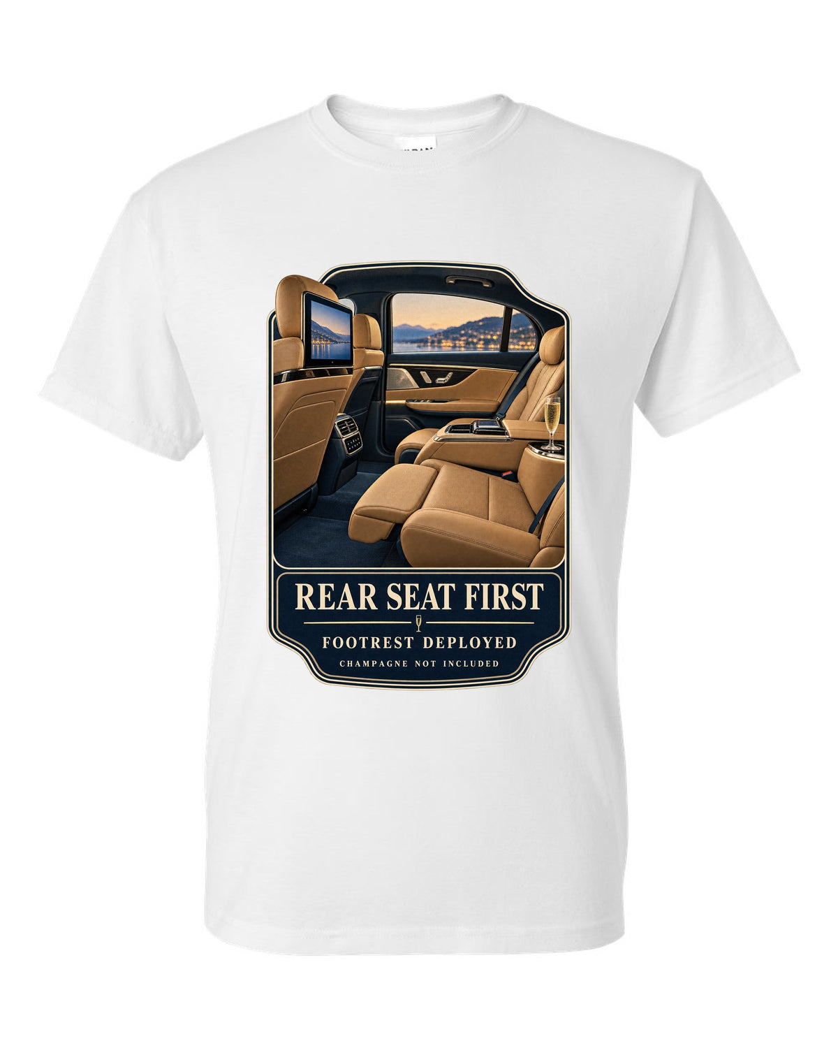 print of the Mercedes-Maybach S680 rear executive cabin with footrest deployed white t-shirt front view with the design