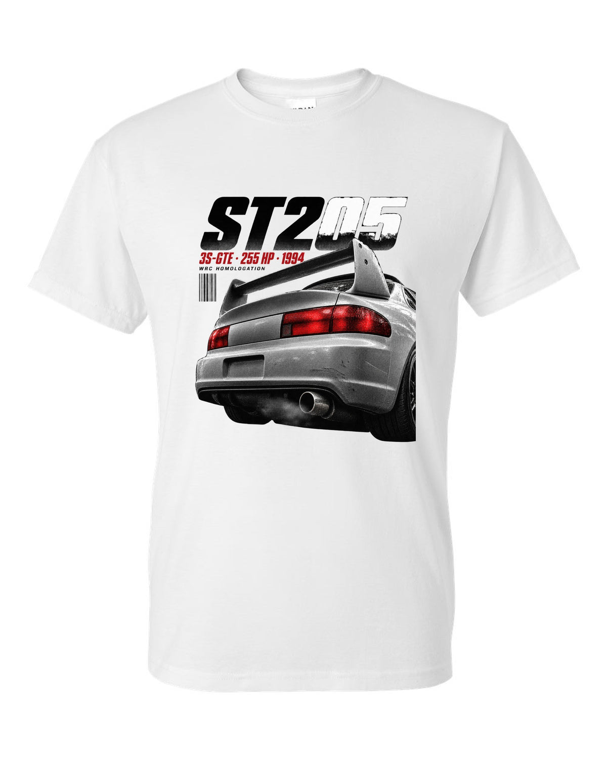 Macro detail of the Toyota Celica GT-Four ST205 rear wing with 3S-GTE text white t-shirt front view with the design