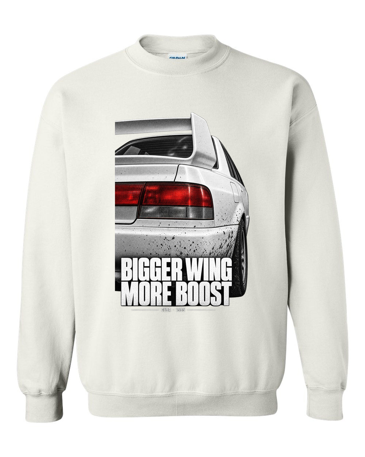 Tail and wing macro print for the Mitsubishi Lancer Evolution III CE9A reading Bigger Wing, More Boost white crewneck front view with the design