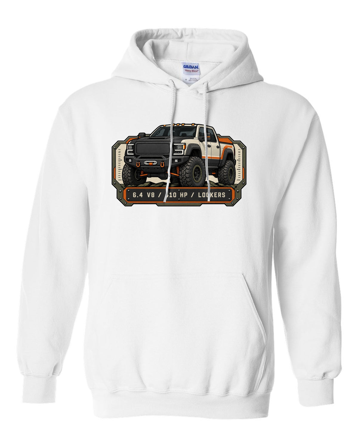 Spec-sheet data plate print of a Ram Power Wagon 2500 winch bumper with 6.4 V8 410 HP lockers text white pull over hoodie front view with the design