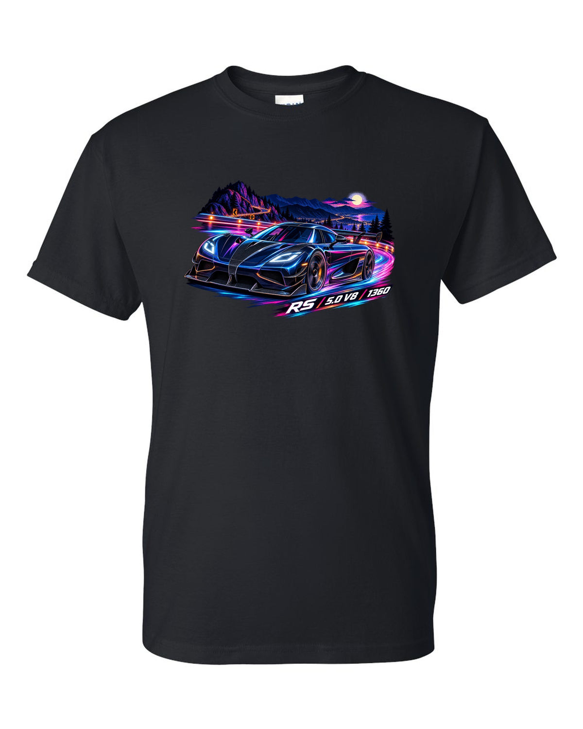 Cel-shaded anime night mountain pass illustration of a Koenigsegg Agera RS with RS 5.0 V8 1360 lettering black t-shirt front view with the design