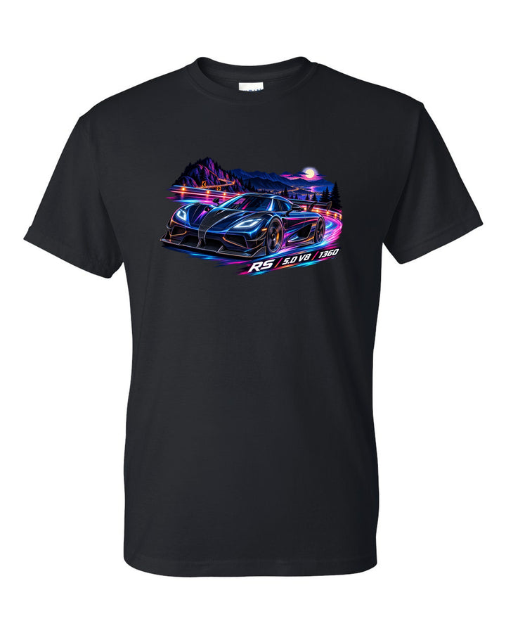 Cel-shaded anime night mountain pass illustration of a Koenigsegg Agera RS with RS 5.0 V8 1360 lettering black t-shirt front view with the design