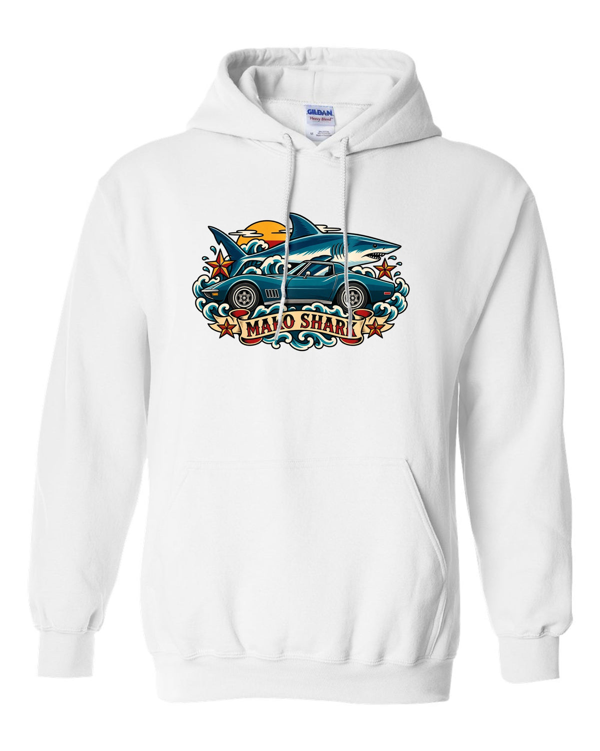 Retro tattoo flash print of a 1968 Chevrolet Corvette C3 Stingray with Mako Shark lettering white pull over hoodie front view with the design
