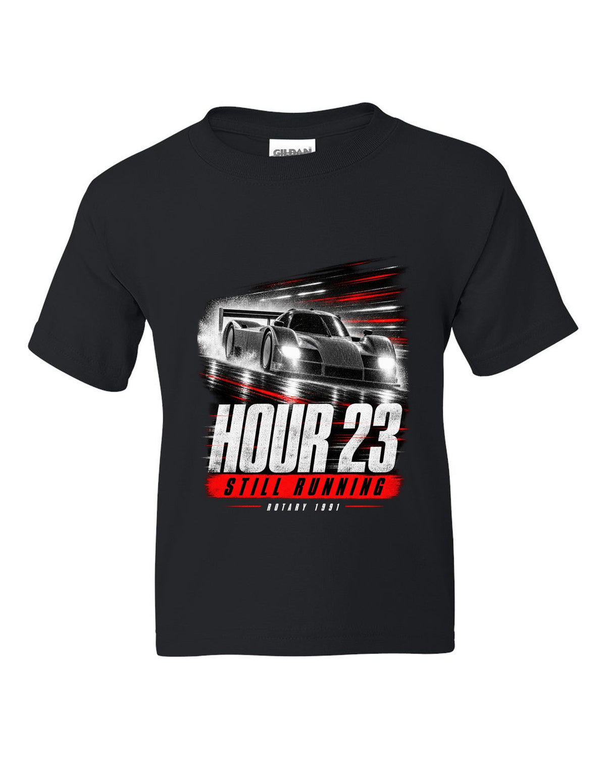 Cropped Mazda 787B race poster reading hour 23 still running rotary 1991 black kids tee front view with the design