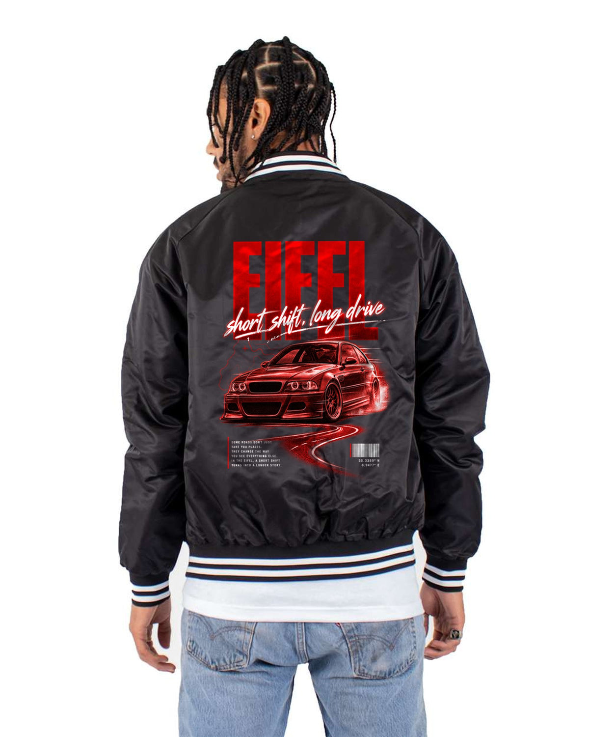 BMW E46 M3 Coupe Eifel Street Poster Tee, Short Shift Long Drive Bomber Jacket Black back