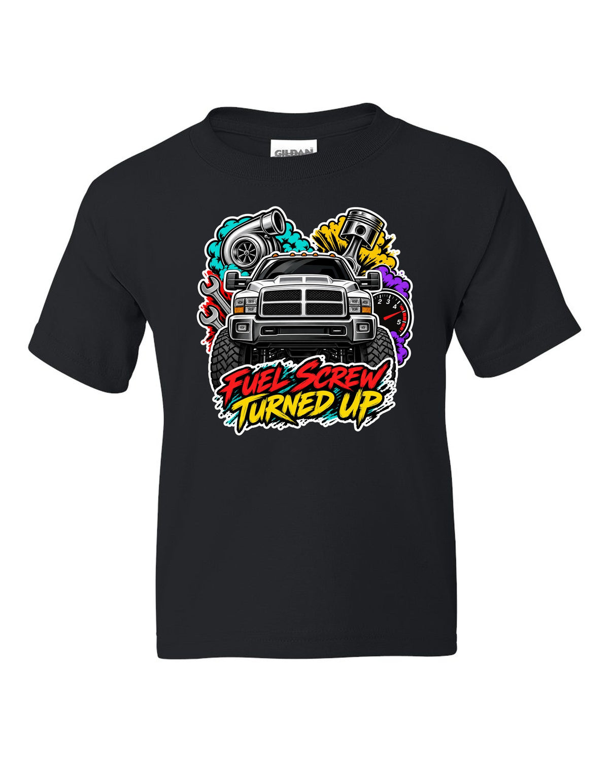 Sticker-bomb collage print of a 1994-1998 Dodge Ram 2500 12V Cummins with fuel screw text black kids tee front view with the design