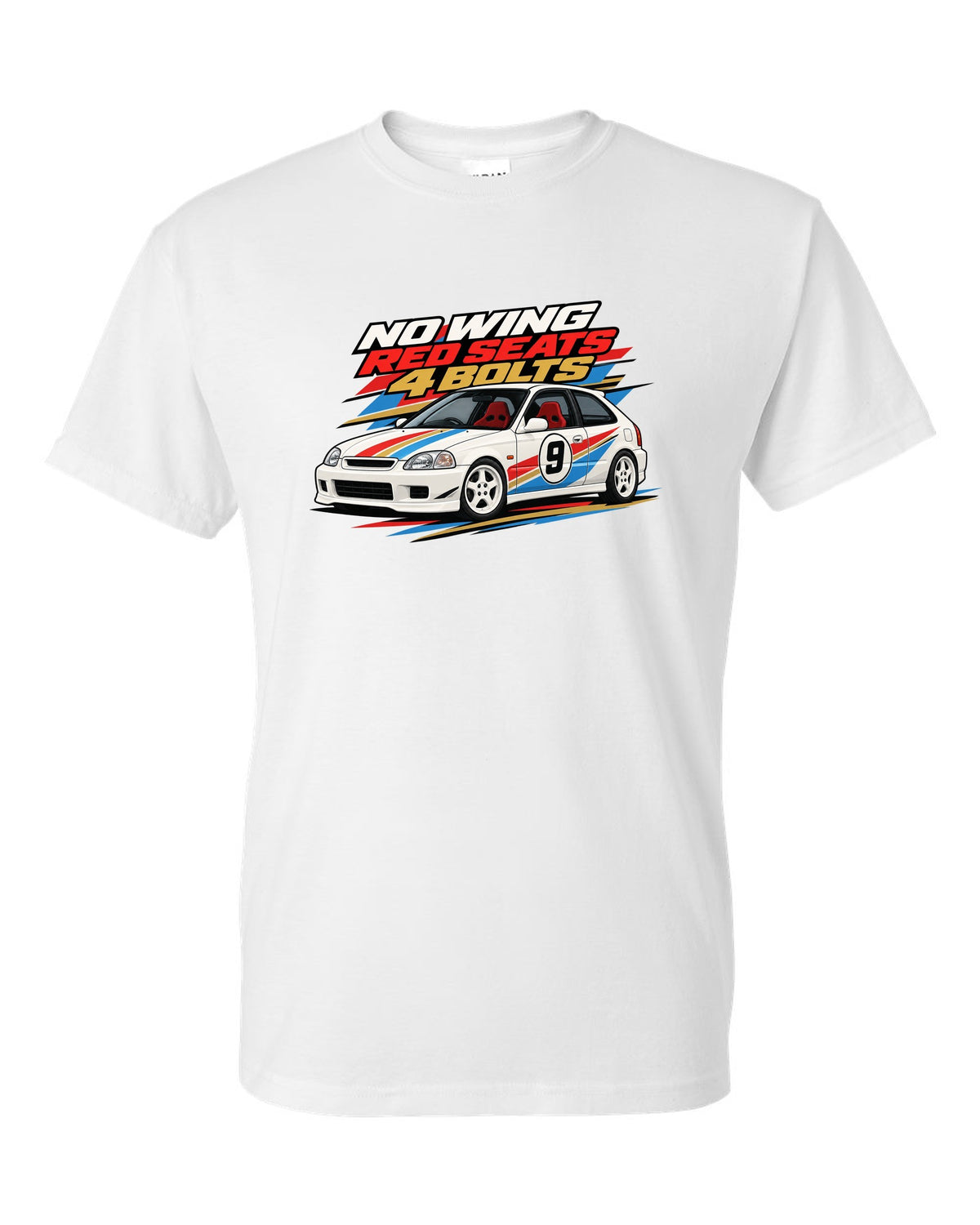 Retro racing livery print of a Honda Civic Type R EK9 with no wing red seats 4 bolts text white t-shirt front view with the design