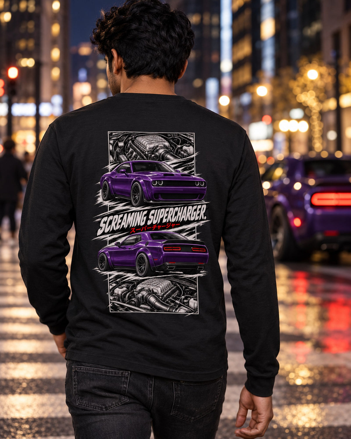 Dodge Hellcat Torn Poster Full-Back Graphic Tee Long Sleeve Black worn hero