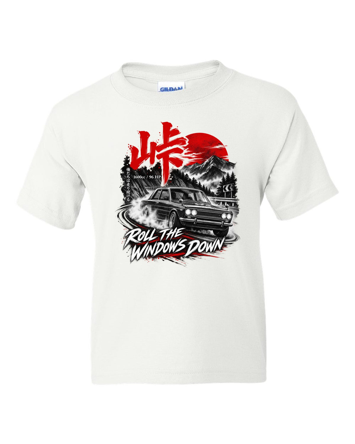 print of a Datsun 510 PL510 sedan on a mountain road at night with touge kanji white kids tee front view with the design