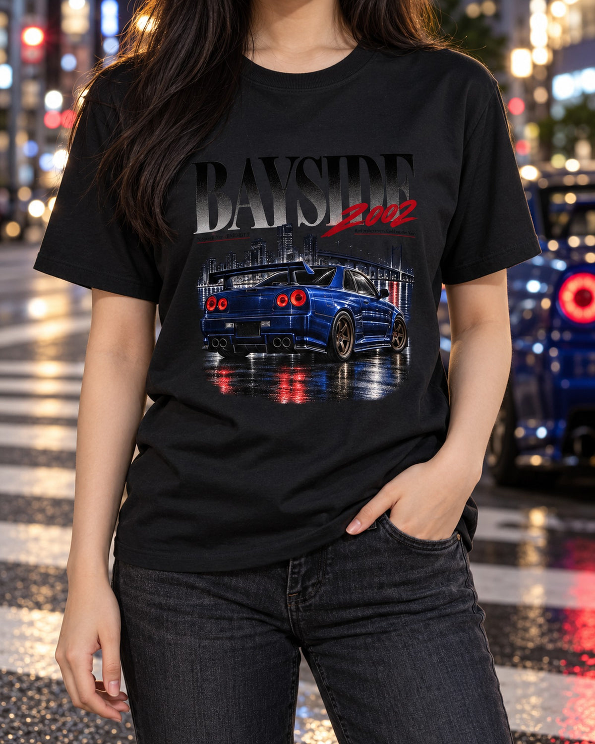 Nissan Skyline GT-R R34 V-Spec II Nur Bayside Editorial Tee T-Shirt Black worn hero