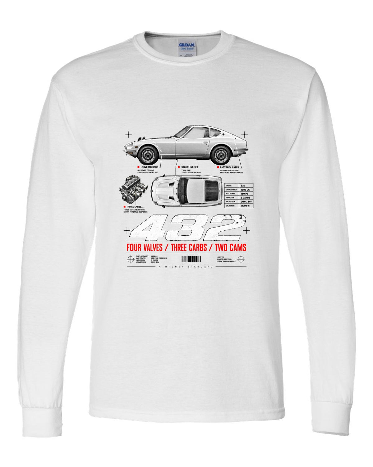 print spec poster of a 1970 Datsun Fairlady Z432 PS30 in profile and top-down view white long sleeve front view with the design