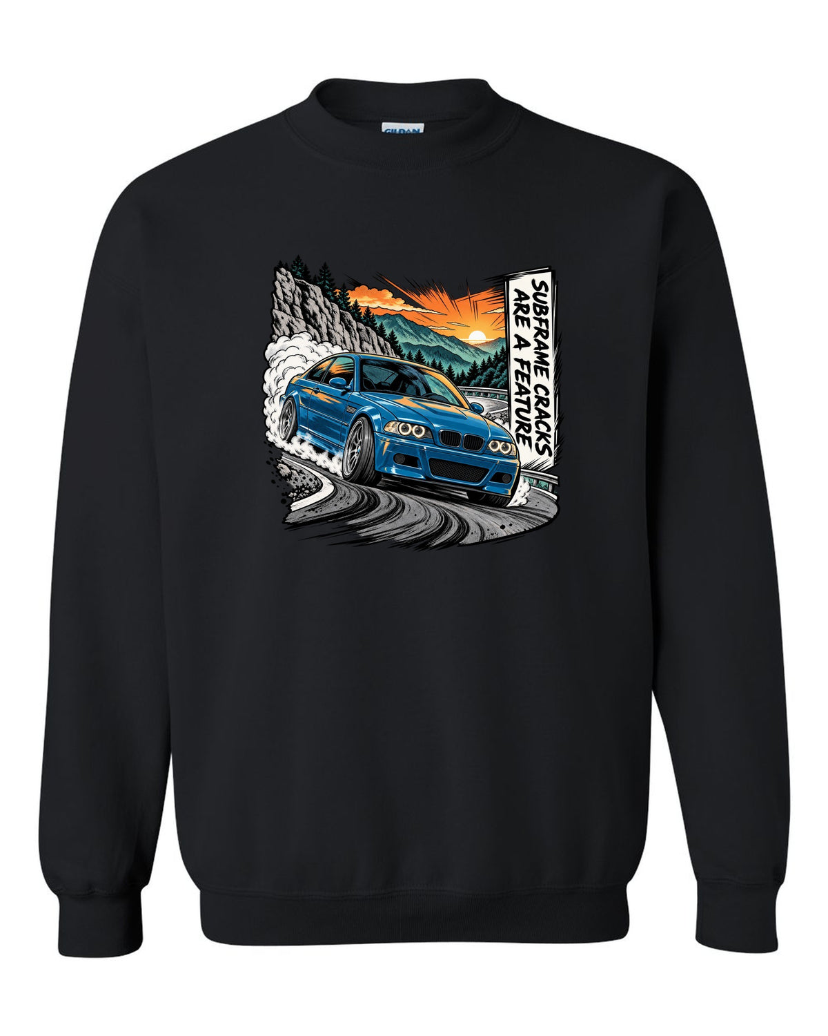 Retro manga halftone panel illustration of a BMW E46 M3 coupe on a mountain pass black crewneck front view with the design
