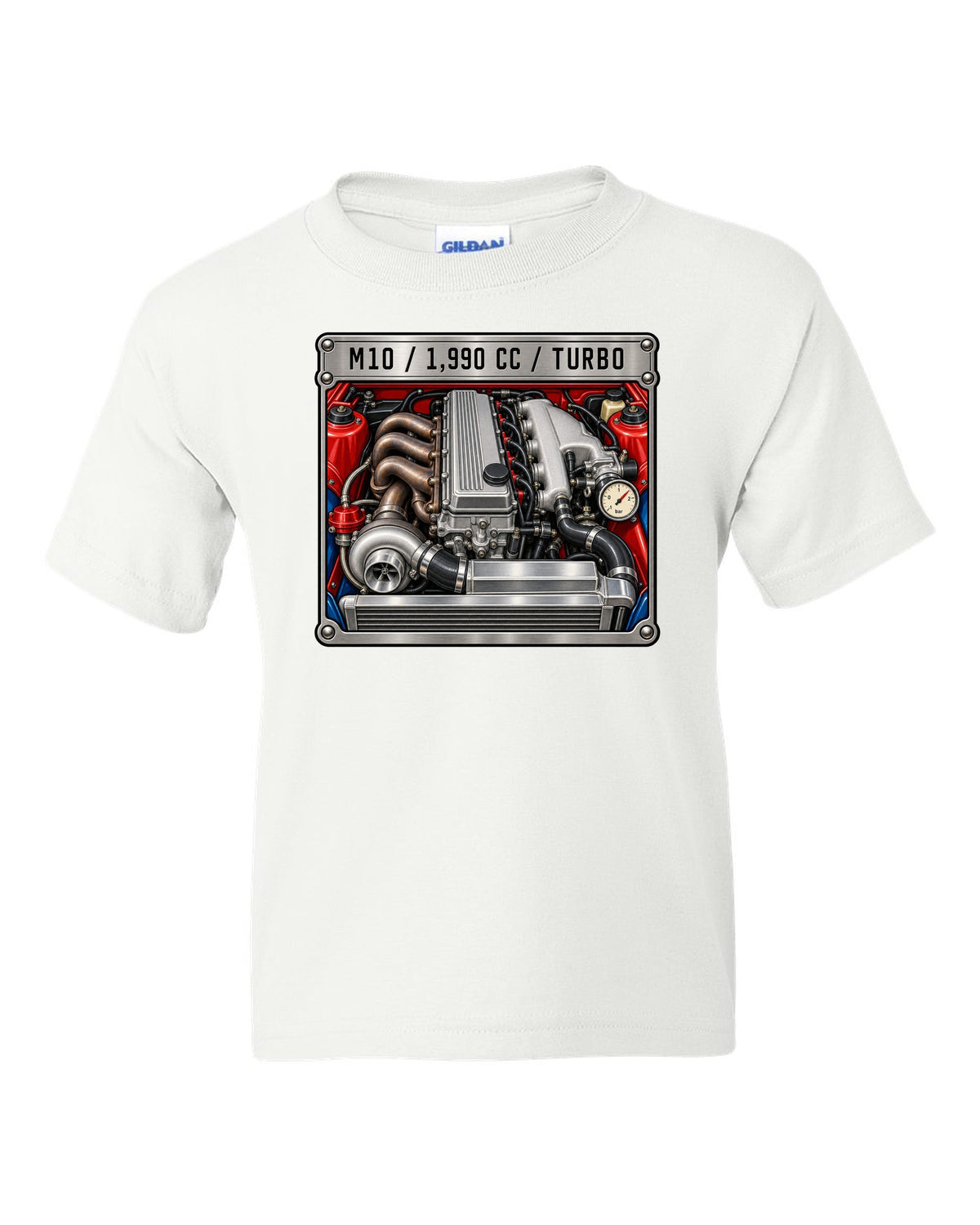 BMW 2002 turbo M10 engine spec data plate print with 1,990 cc text white kids tee front view with the design