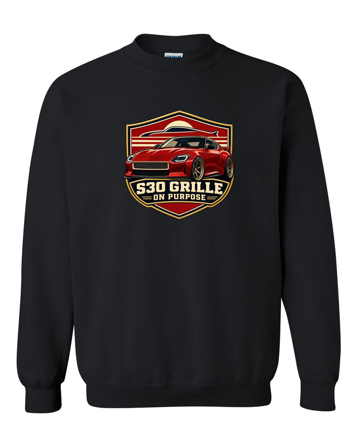 Shield crest print for the Nissan Z RZ34 referencing the S30 grille black crewneck front view with the design