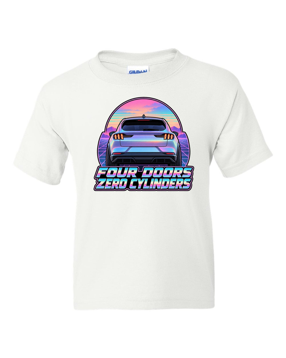 Vaporwave pastel print of a 2021 Ford Mustang Mach-E rear at dusk white kids tee front view with the design