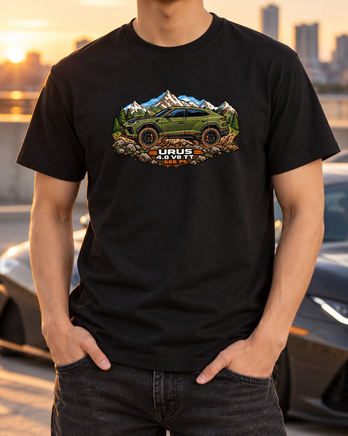 Lamborghini Urus Performante Pixel Art Mud Climb Tee T-Shirt Black worn hero