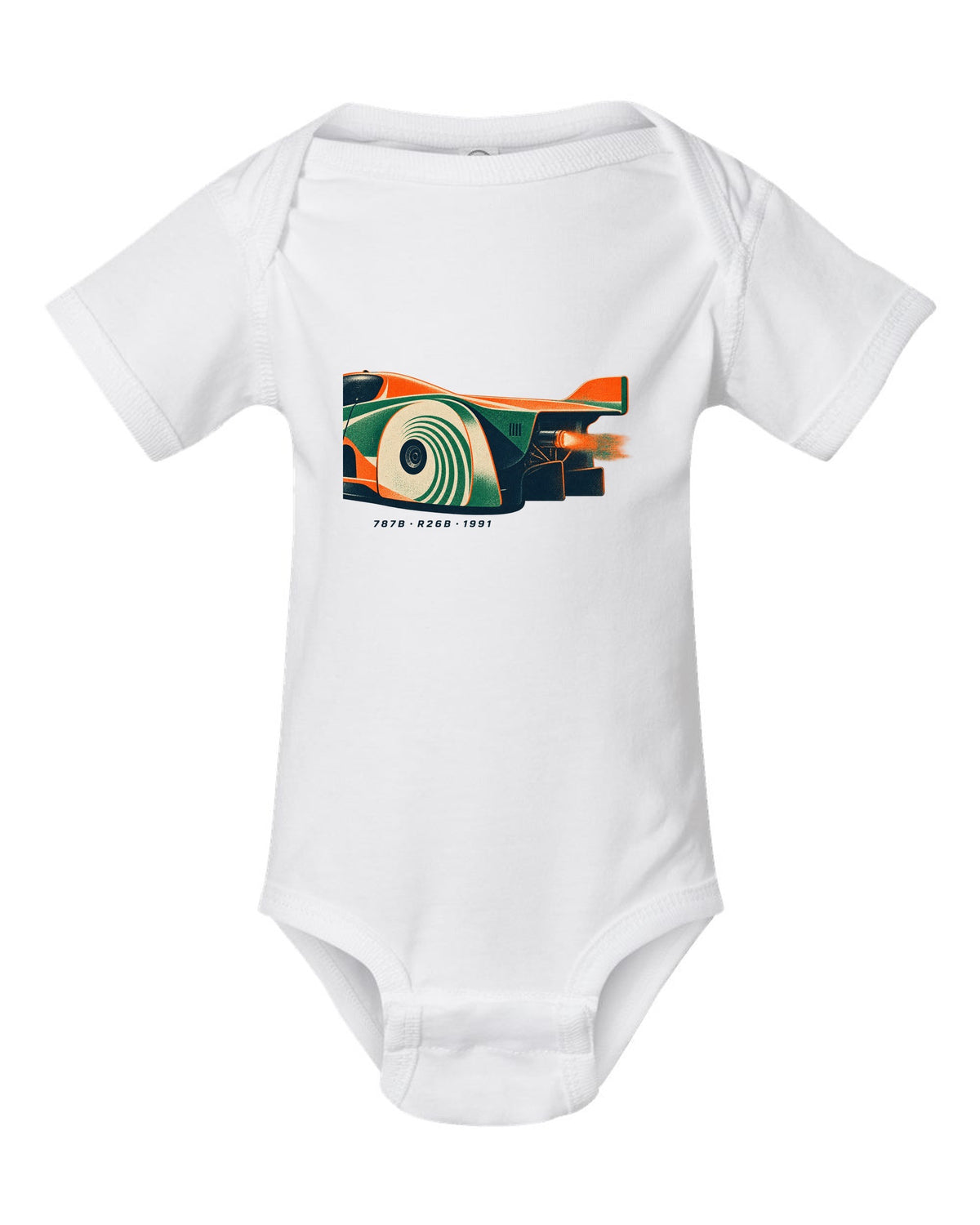 Risograph print of a Mazda 787B wheel and exhaust with R26B and 1991 text white baby onesie front view with the design