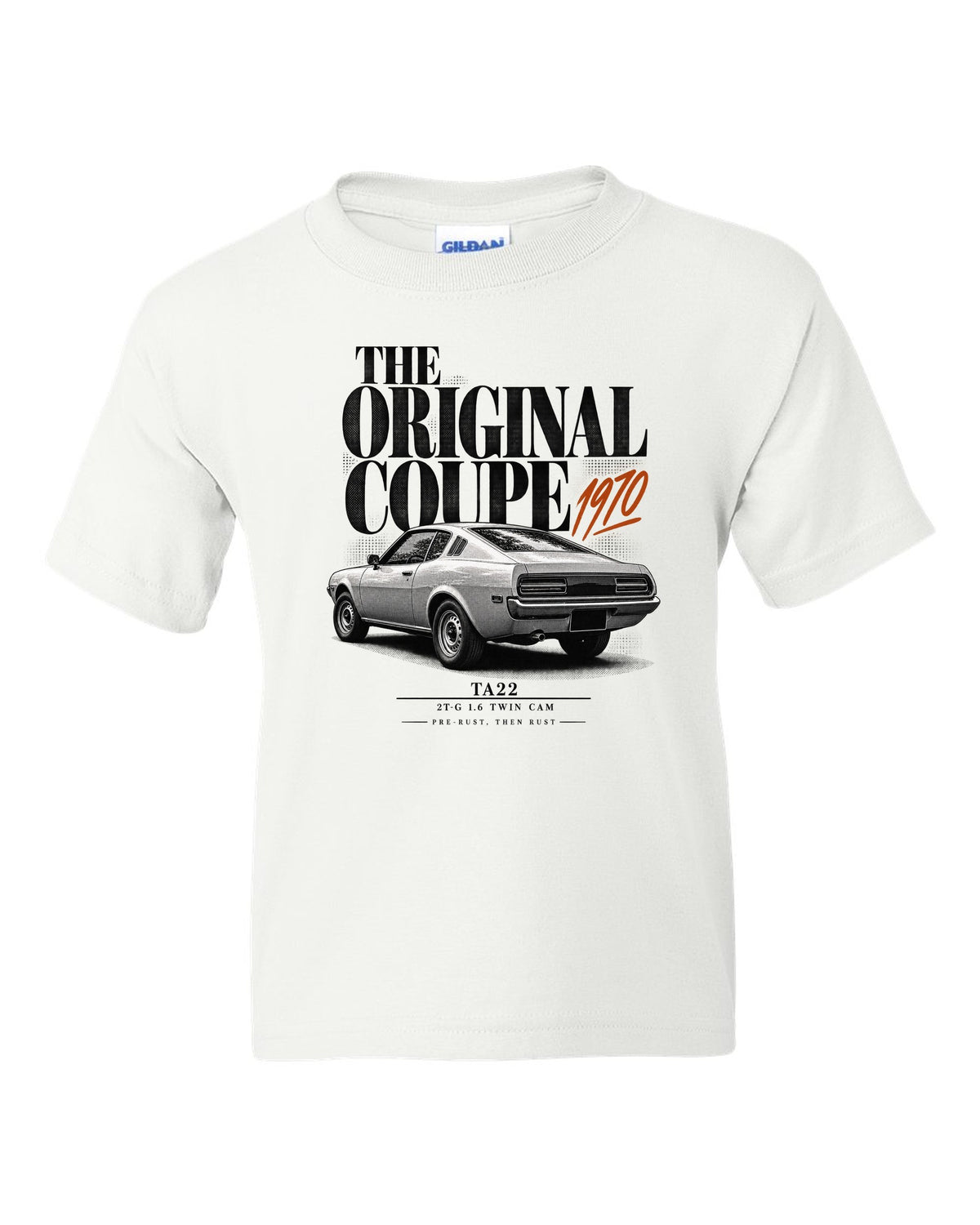 Editorial headline print of a Toyota Celica TA22 coupe with 2T-G 1.6 twin cam text white kids tee front view with the design