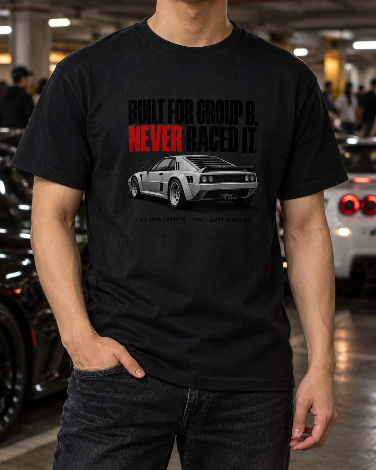 Ferrari 288 GTO Group B Halftone Shirt, Never Raced It Tee T-Shirt Black worn hero