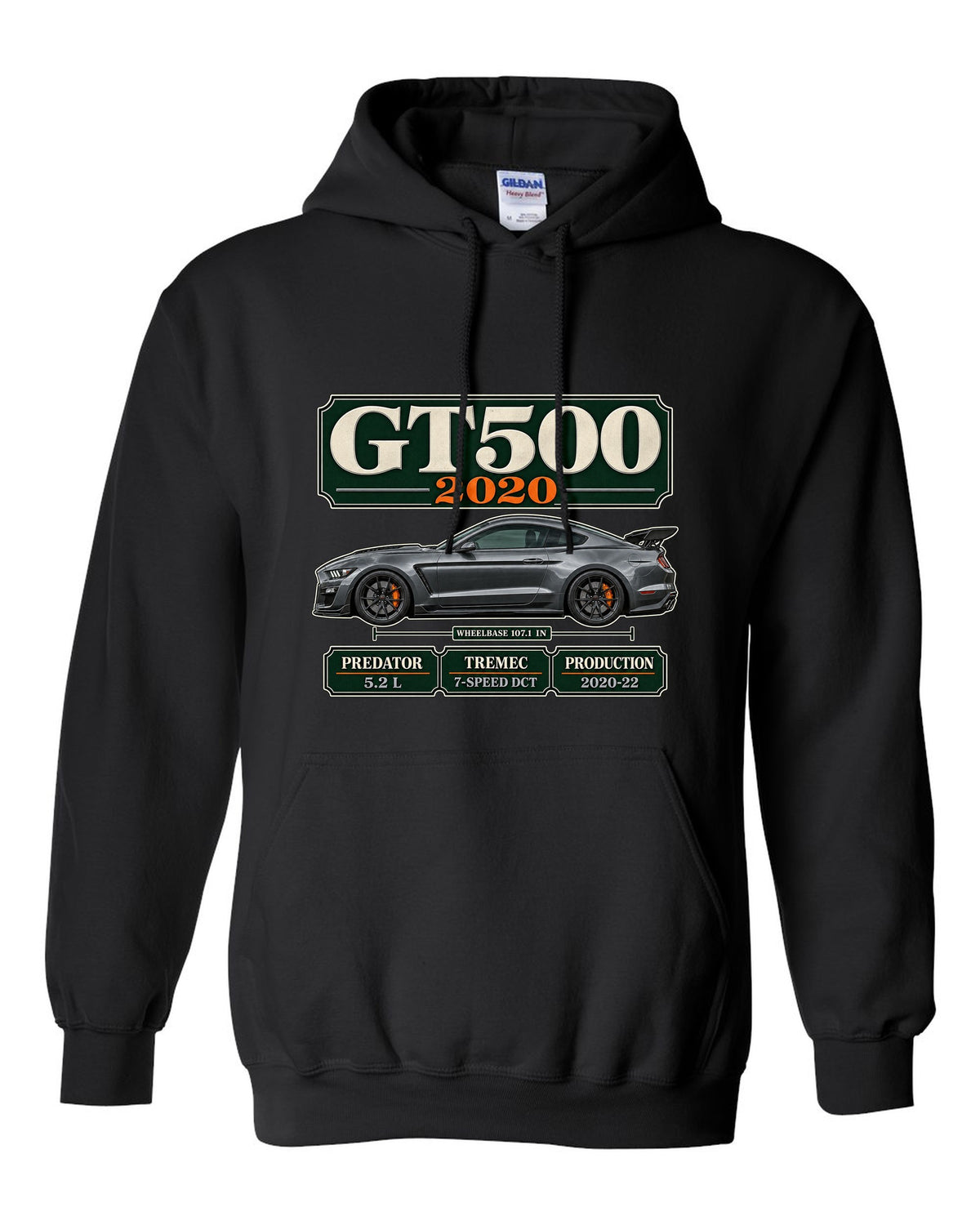 Ford Mustang S550 Shelby GT500 2020 archive panel print with engine and gearbox details black pull over hoodie front view with the design