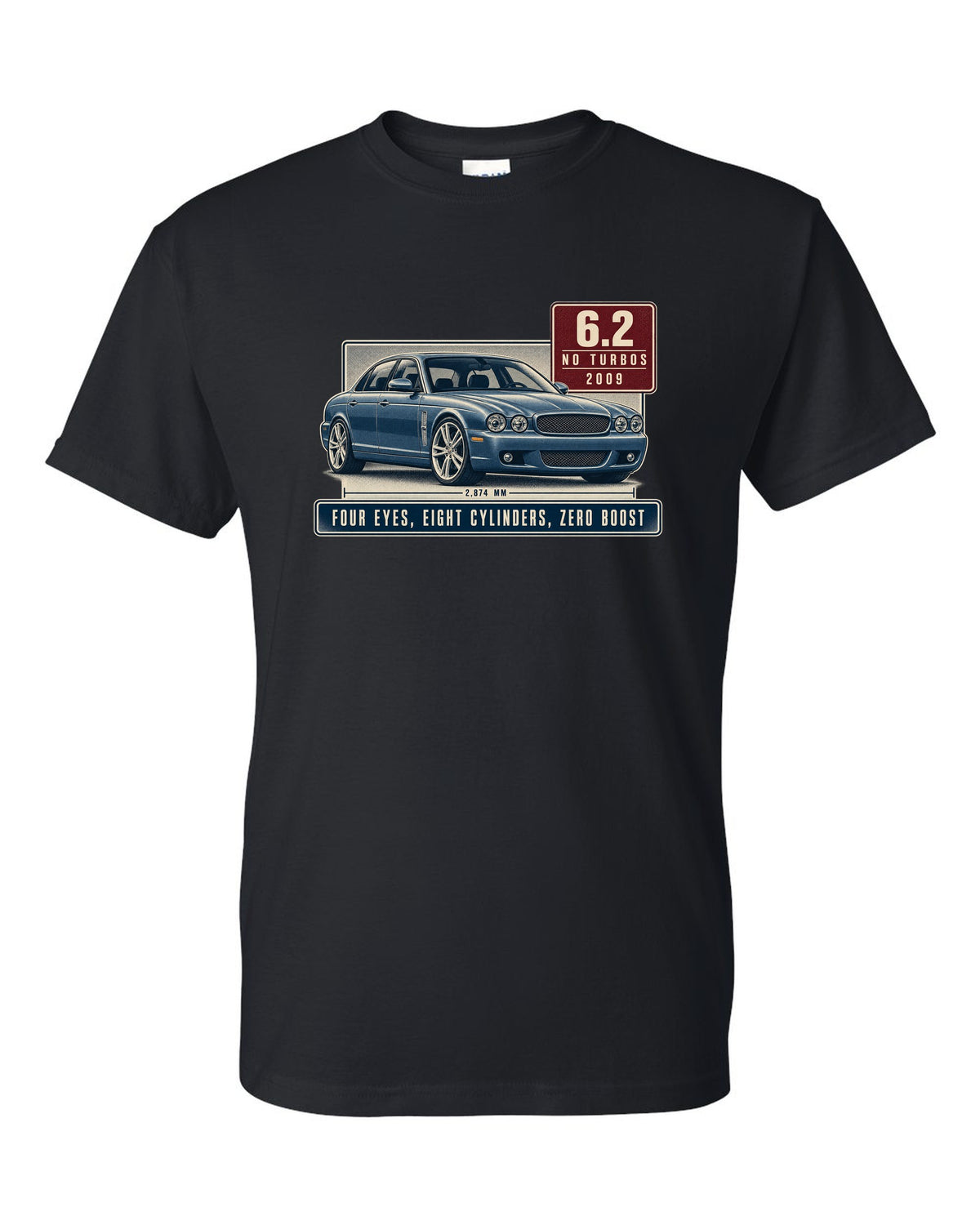 Editorial headline print of a silver-blue Mercedes-AMG E63 W212 pre-facelift black t-shirt front view with the design