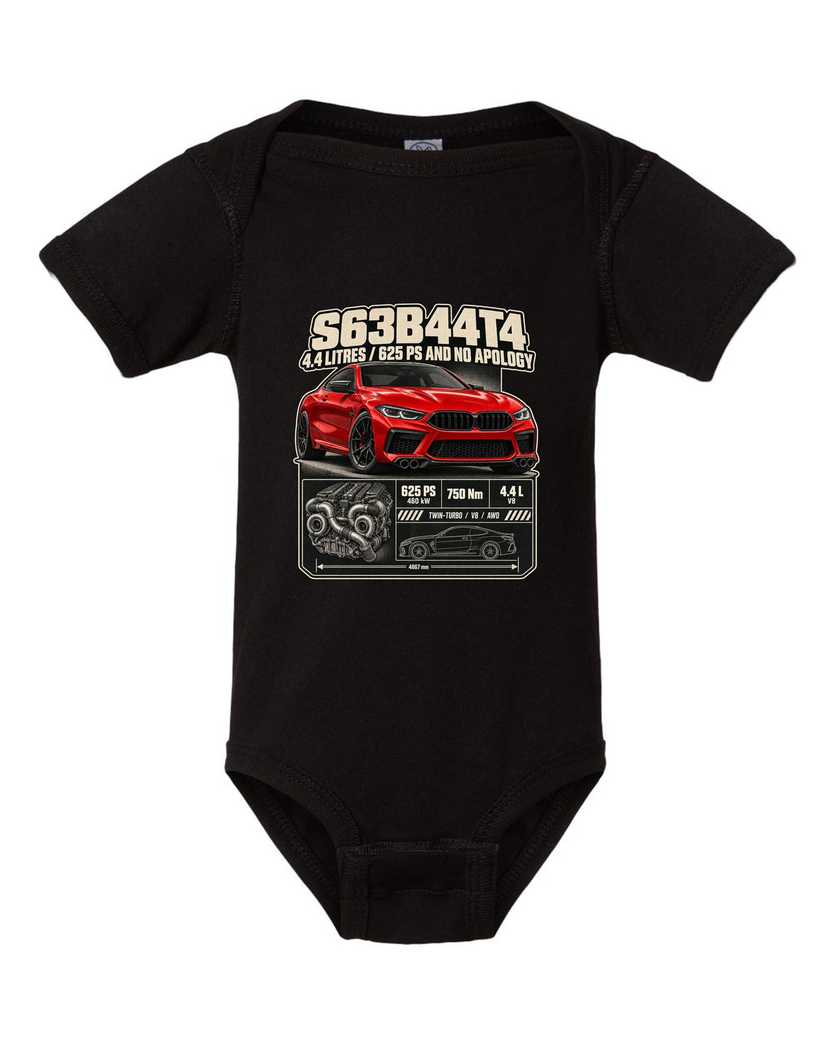 BMW M8 Competition Coupe F92 spec poster print on a tee black baby onesie front view with the design