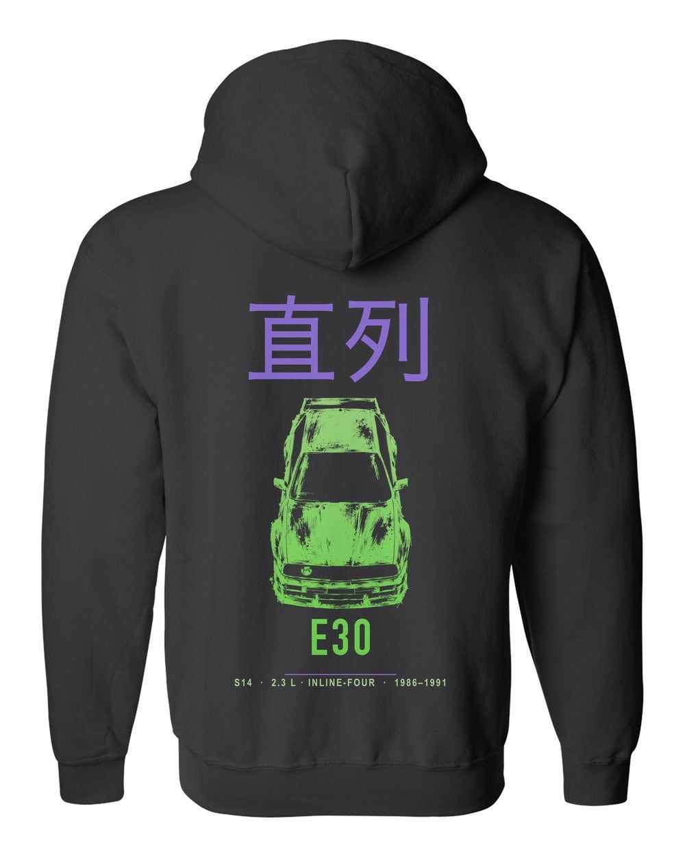 E30 full-back artwork black zip hoodie back view with the design