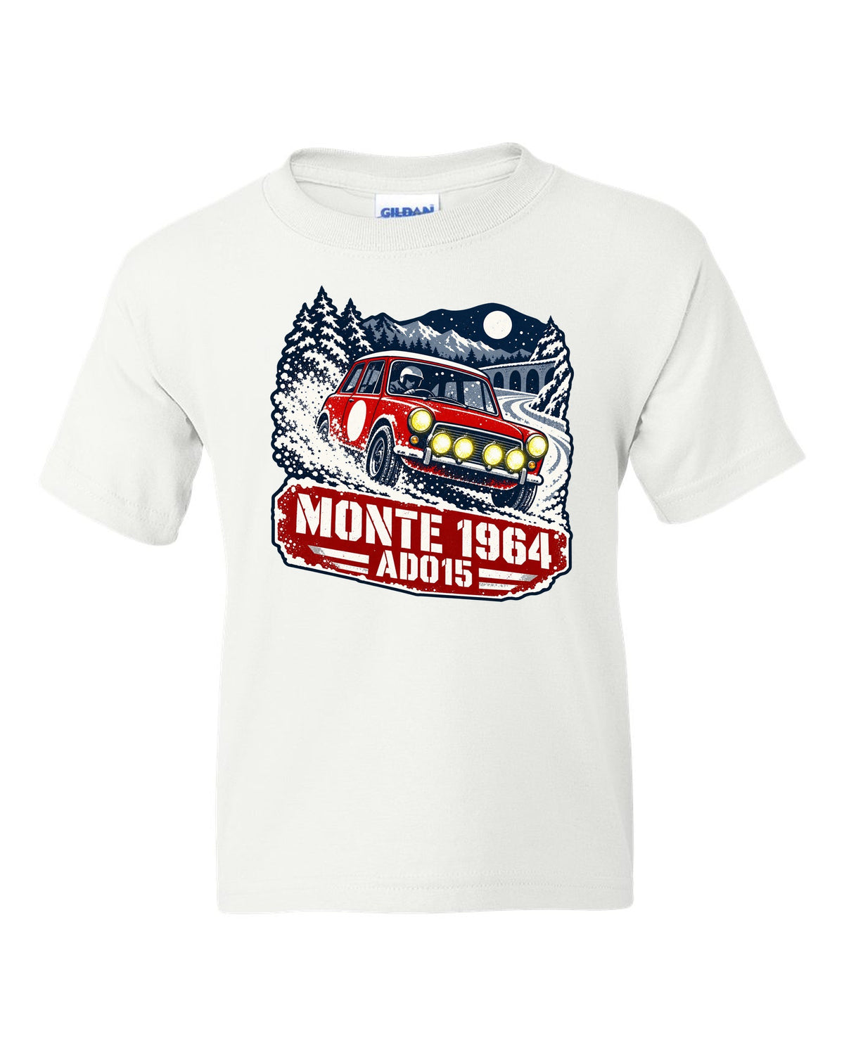 Stencil rally poster print of a Classic Mini Cooper S ADO15 on a night stage for Monte 1964 white kids tee front view with the design