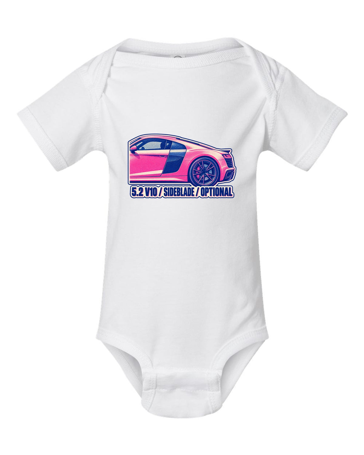 Risograph two-ink print of an Audi R8 4S with 5.2 V10 and Sideblade text white baby onesie front view with the design