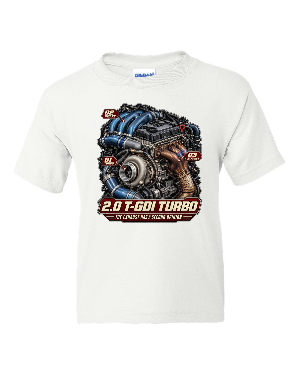 Hyundai Elantra N 2.0 T-GDI turbo engine illustration, print white kids tee front view with the design