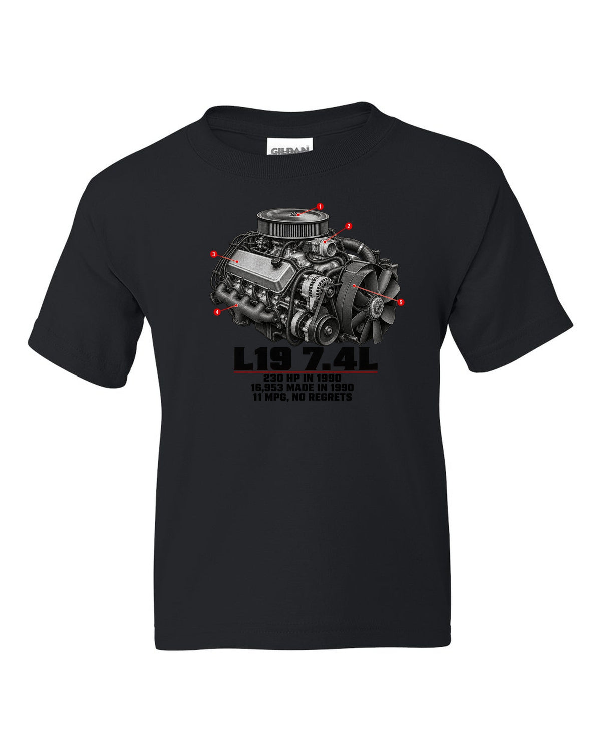 Engine print of a 1990-93 Chevrolet 454 SS pickup with L19 7.4L and 230 HP text black kids tee front view with the design