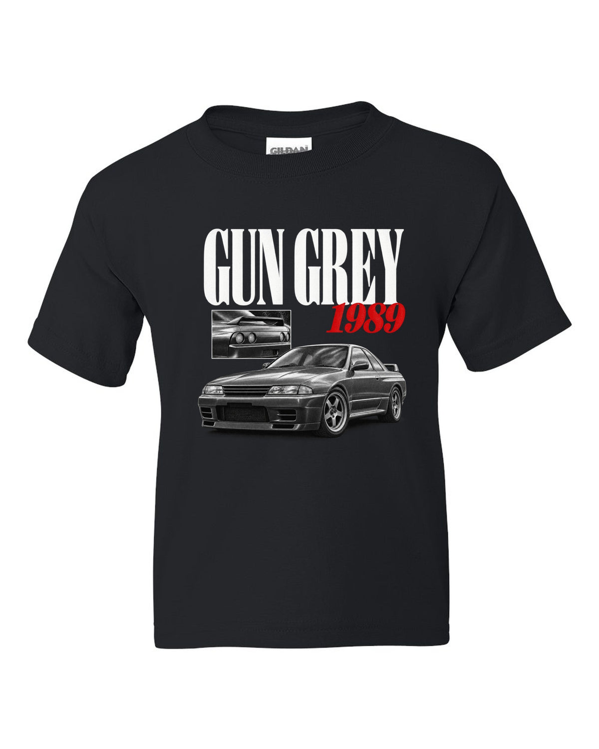 Editorial headline print of a Nissan Skyline GT-R R32 BNR32 in Gun Grey with 1989 text black kids tee front view with the design