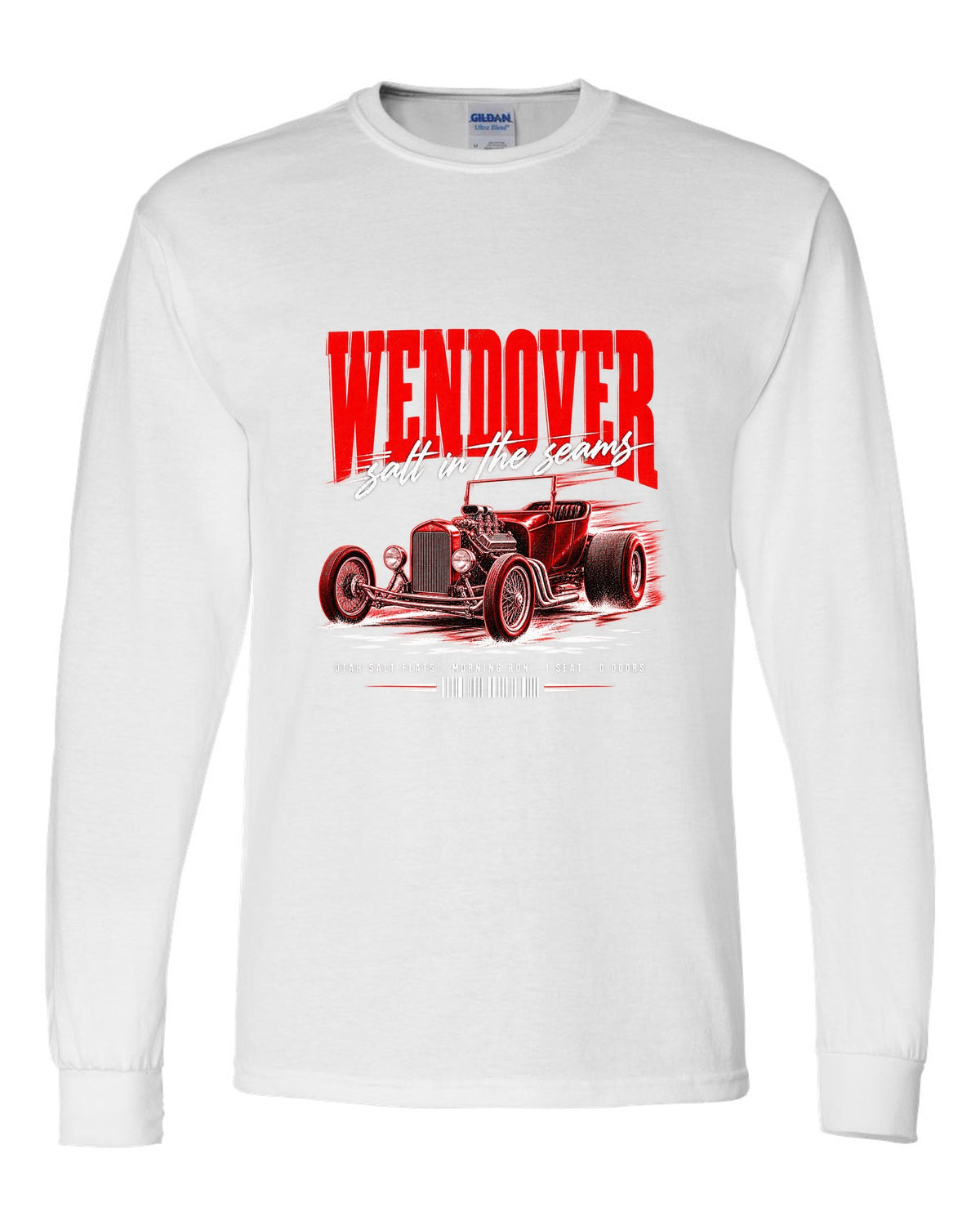 Street poster print of a T-bucket hot rod for Wendover and the Utah Salt Flats white long sleeve front view with the design