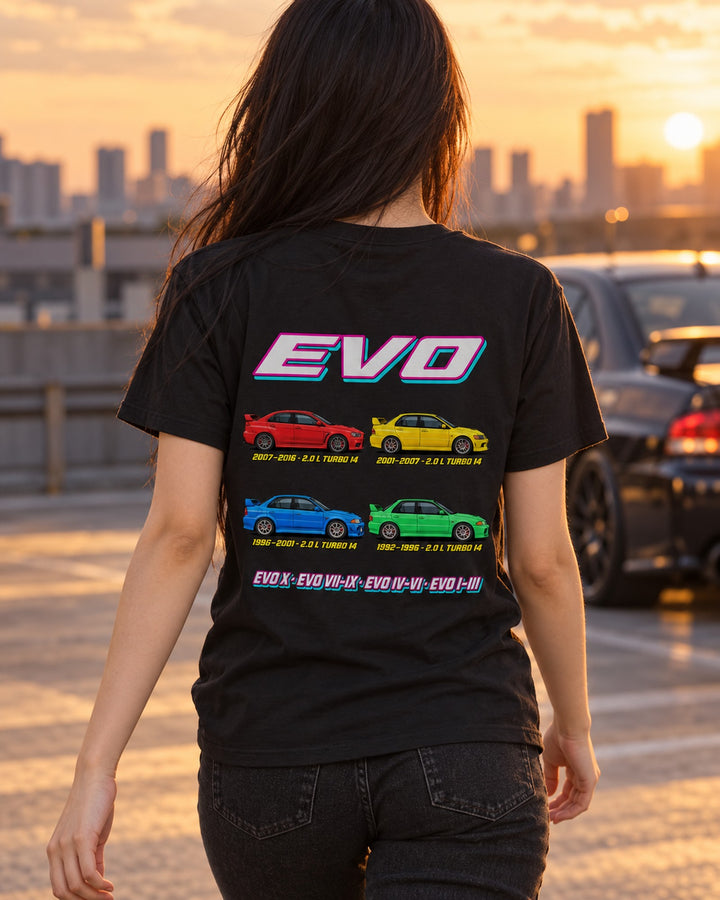 Mitsubishi Evo Evolution Poster Full-Back Graphic Tee T-Shirt Black worn hero