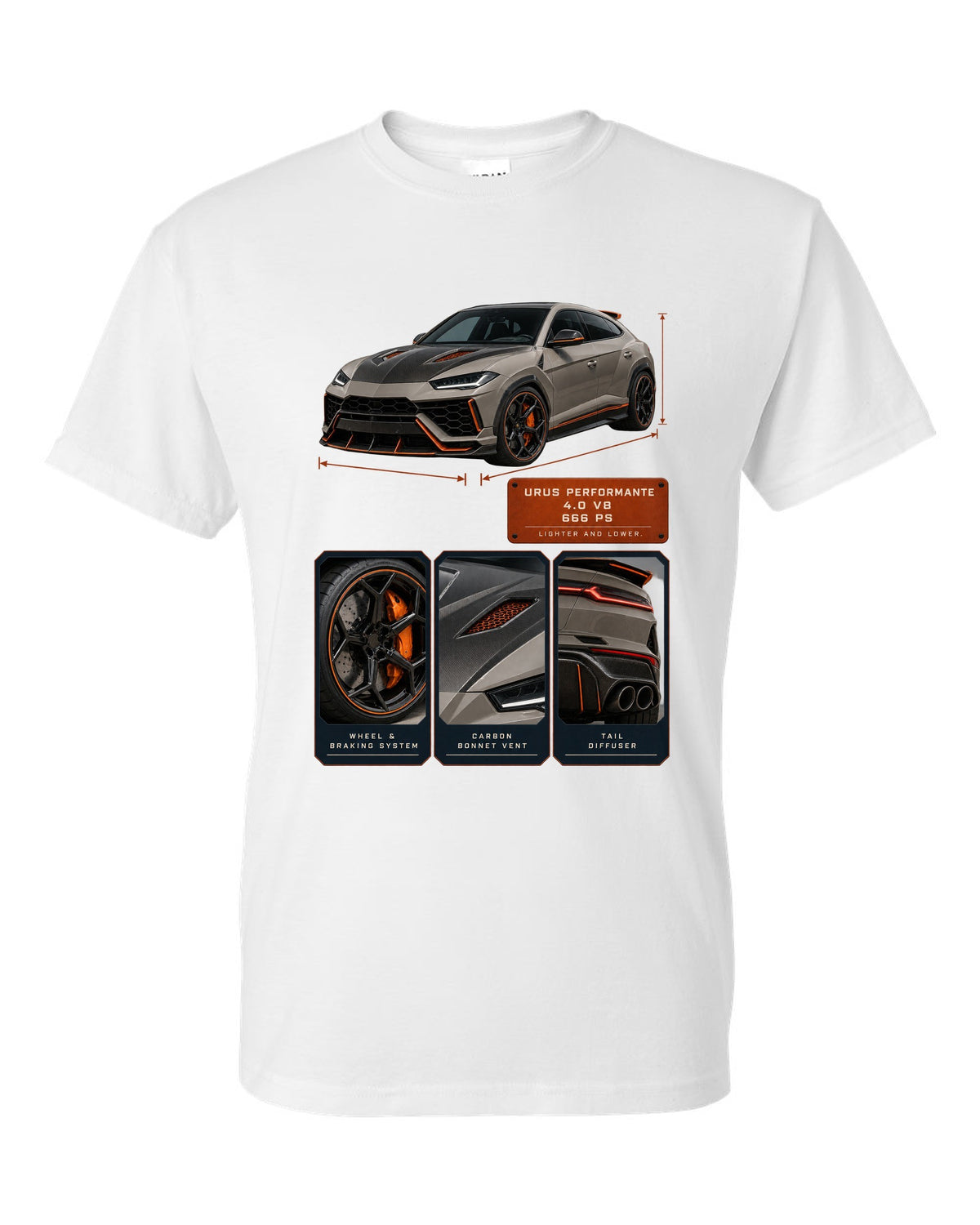 Dossier panel print of the Lamborghini Urus Performante white t-shirt front view with the design