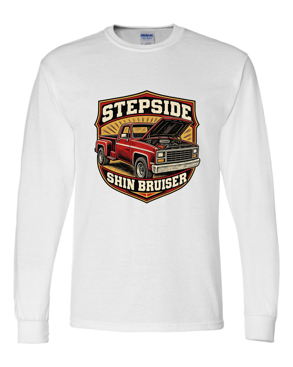 Linocut woodcut print of a 1973-87 Chevrolet C10 Squarebody Stepside with hood up and shin bruiser text white long sleeve front view with the design