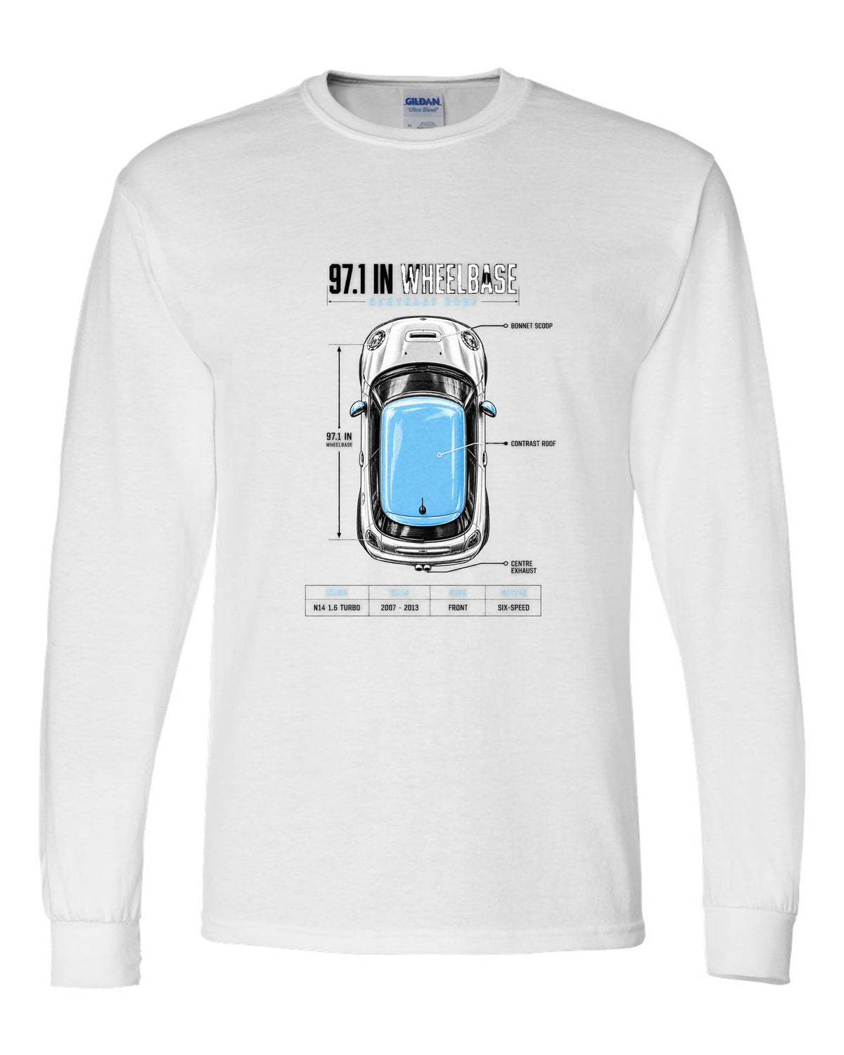 Top-down plan view of a Mini Cooper S R56 on a spec poster print with wheelbase text white long sleeve front view with the design