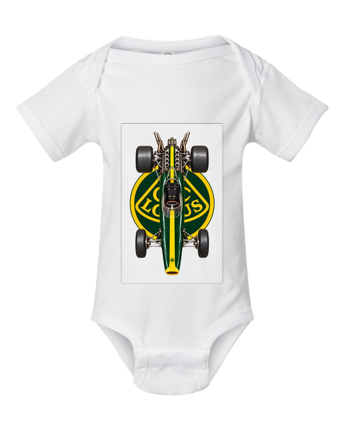 Lotus 49 1967 Formula 1 overhead poster artwork white baby onesie front view with the design