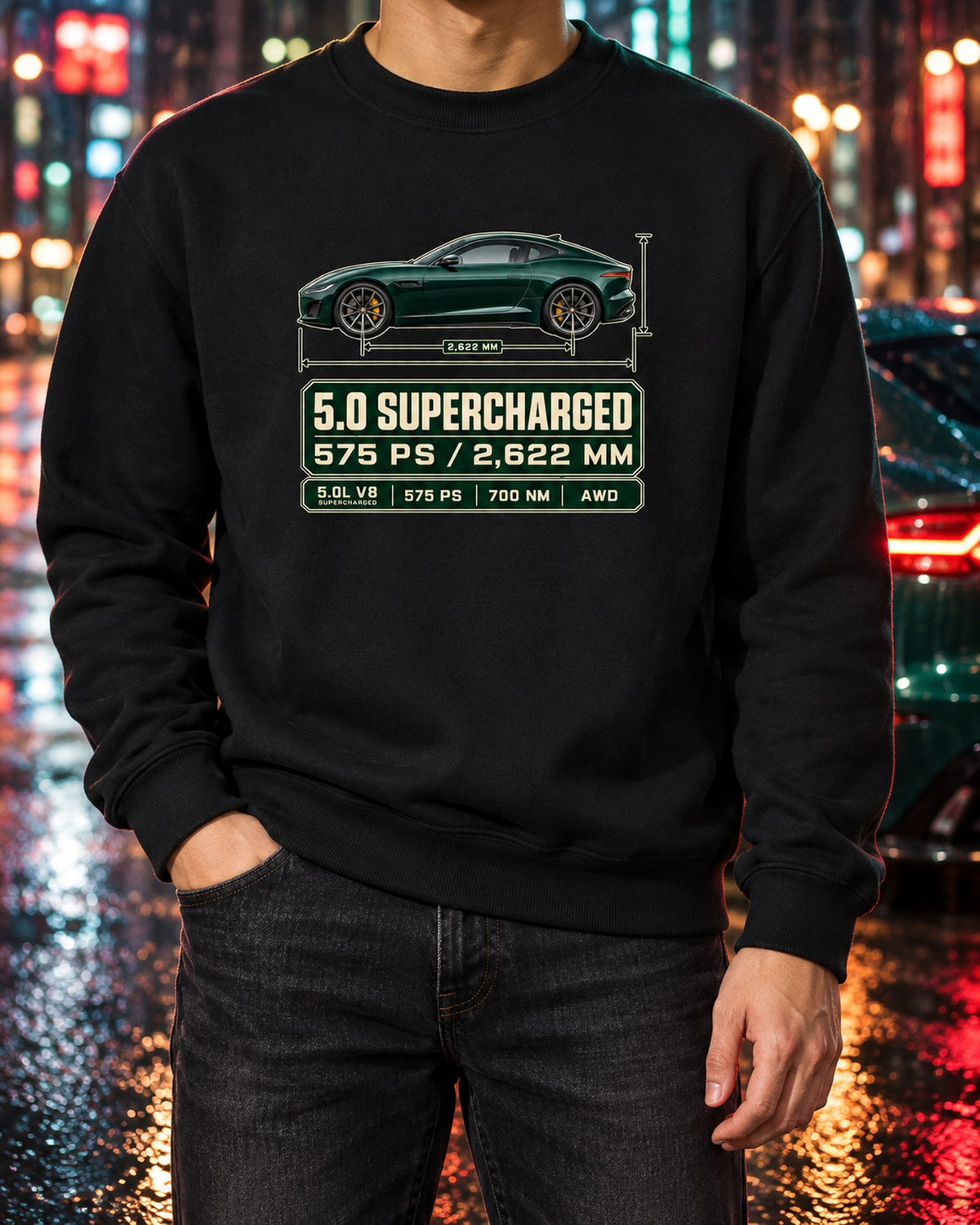 Jaguar F-Type R Coupe Spec Poster Shirt, Supercharged V8 Crewneck Black worn hero