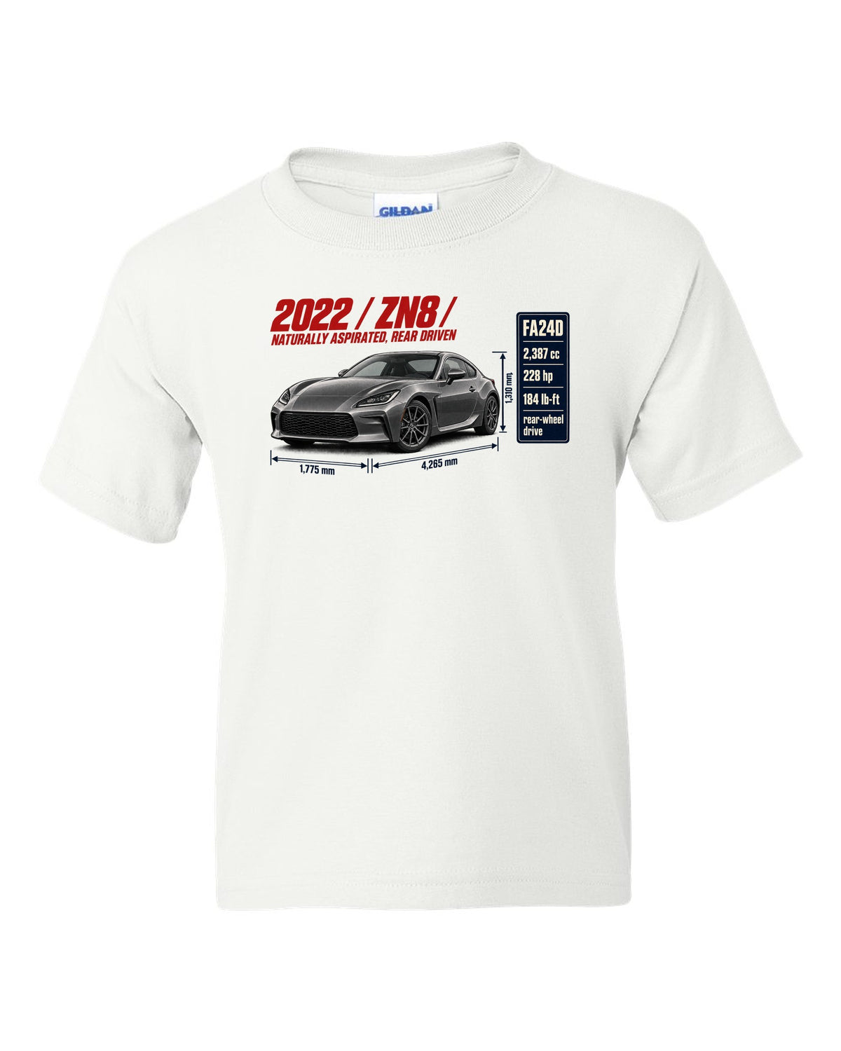 Spec poster layout for a 2022 Toyota GR86 ZN8, poster-style print white kids tee front view with the design