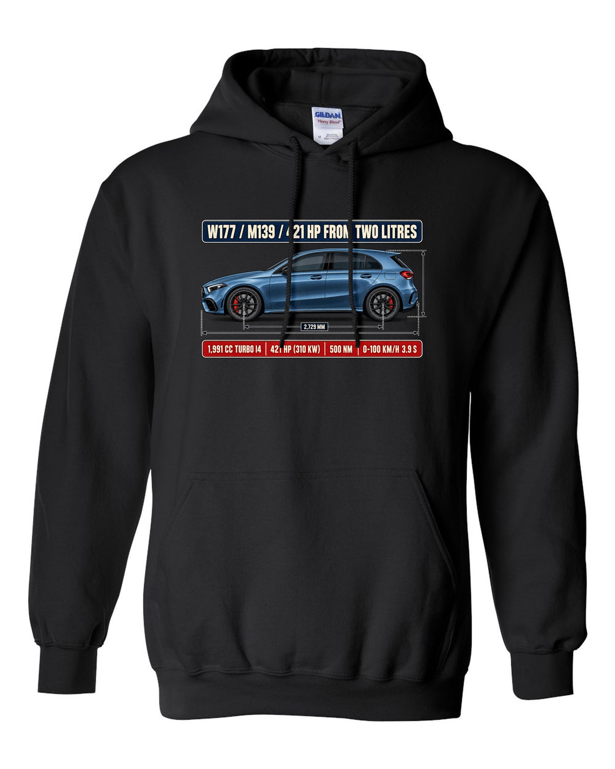 Mercedes-AMG A45 S W177 chback dimension blueprint print black pull over hoodie front view with the design