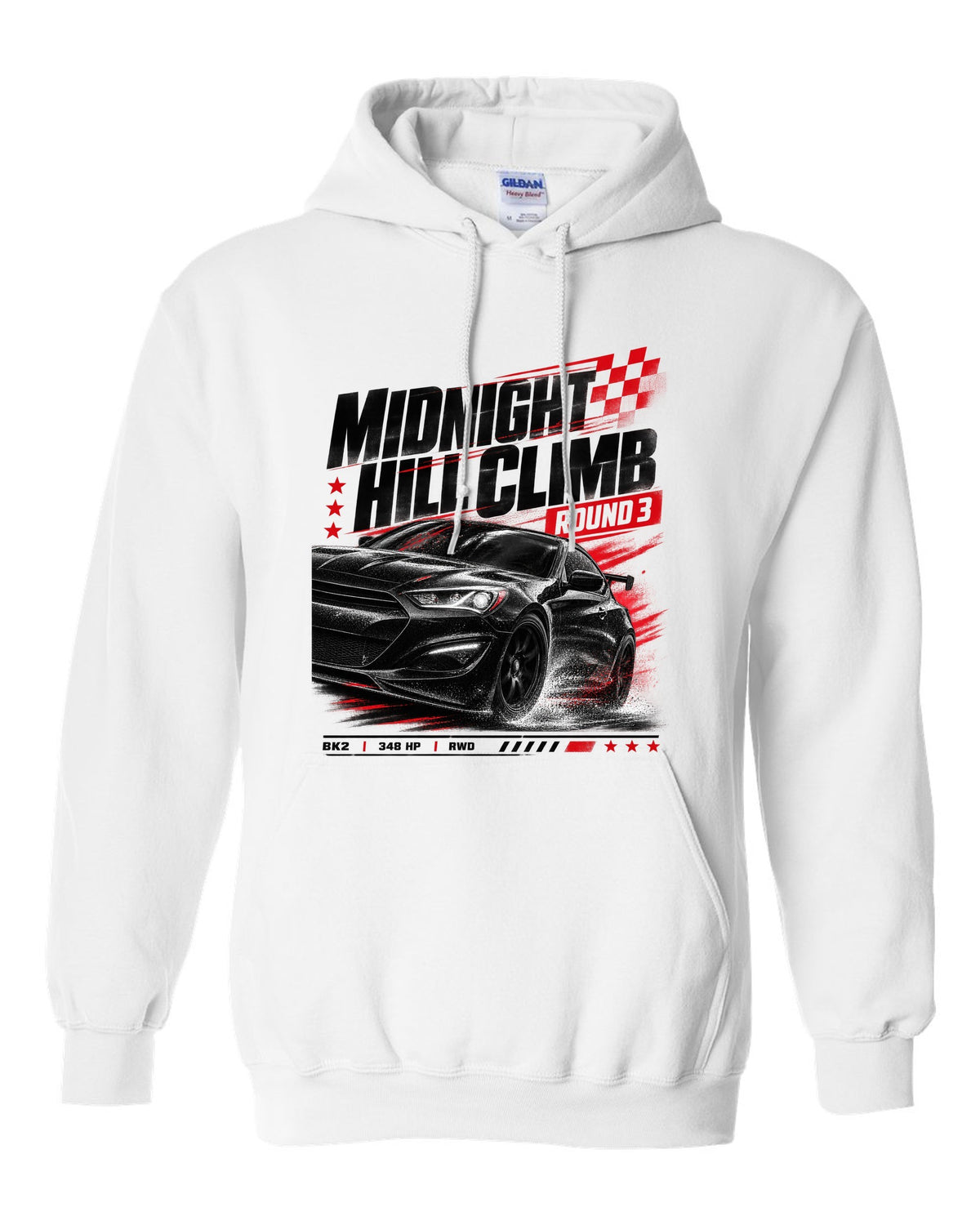 Hyundai Genesis Coupe BK2 midnight hill climb race poster white pull over hoodie front view with the design