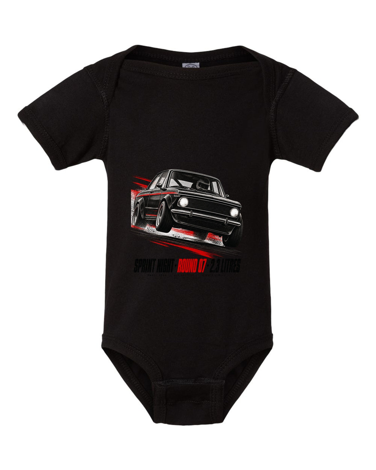 BMW E30 M3 race poster print titled Sprint Night Round 07 with 2.3 litres text black baby onesie front view with the design