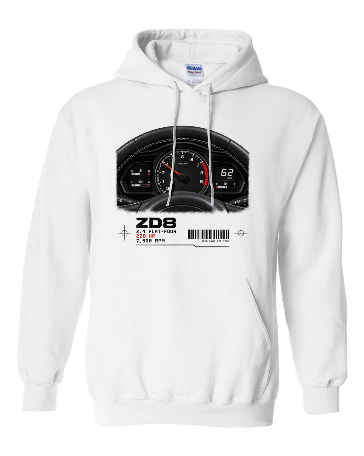 Cockpit gauge cluster print for the Subaru BRZ ZD8 with 2.4 flat-four, 228 HP and 7,500 RPM text white pull over hoodie front view with the design