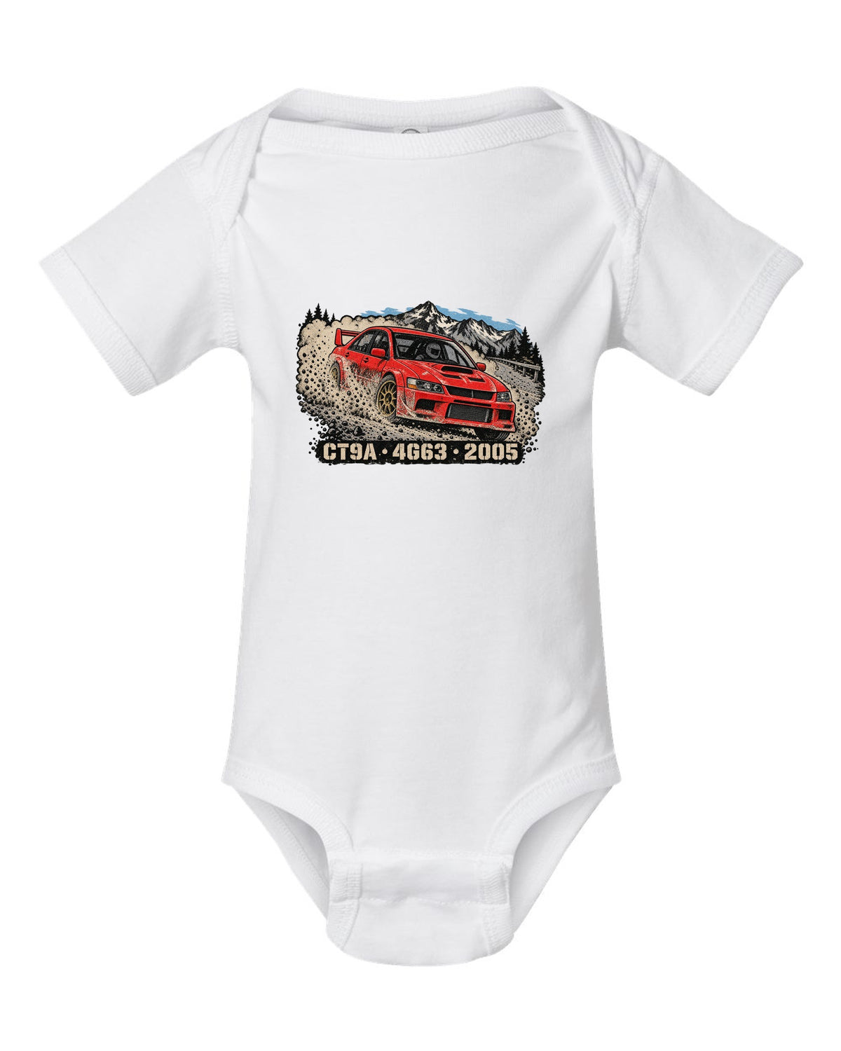 Distressed screenprint print of a Mitsubishi Lancer Evolution IX CT9A on gravel with CT9A 4G63 2005 lettering white baby onesie front view with the design
