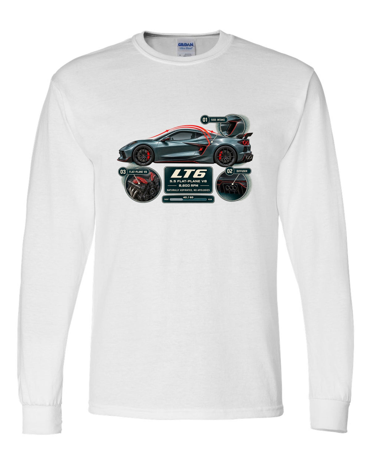 print aero cutaway callouts of a Chevrolet Corvette C8 Z06 in teal-grey white long sleeve front view with the design