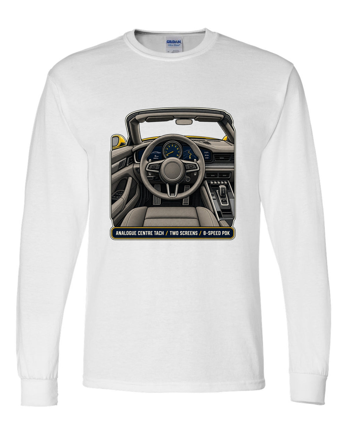 Cockpit and gauge print of a Porsche 992 Carrera S Cabriolet white long sleeve front view with the design