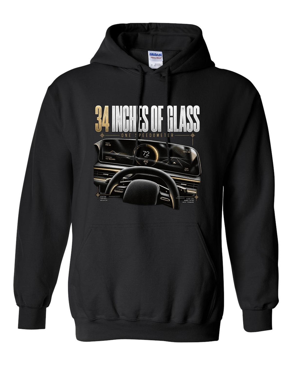 Lucid Air 2022 glass cockpit readout reading 34 inches of glass, one speedometer black pull over hoodie front view with the design